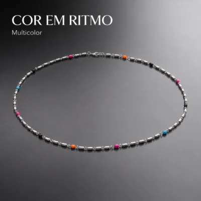 colar prateado com contas, variante dourada, pedra clara, referência 84421-04