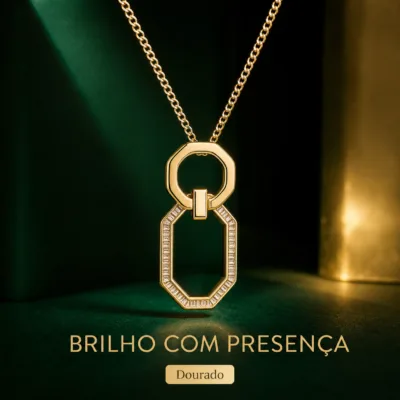 colar geométrico, variante dourada, pedra clara, referência 84735-02