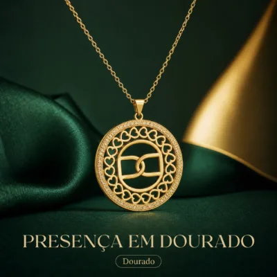 colar medalha redonda, variante dourada, pedra clara, referência 84738-03