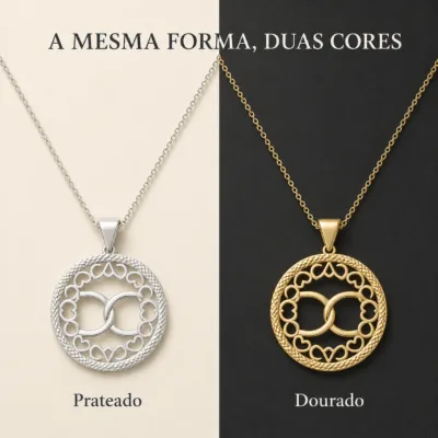 colar medalha redonda, variante dourada, pedra clara, referência 84738-03