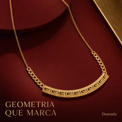 colar padrão geométrico, variante dourada, pedra clara, referência 84739