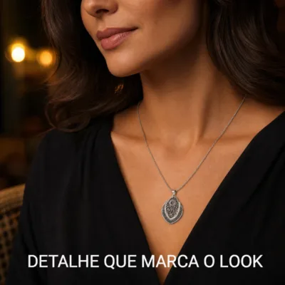 colar gota padrão geométrico, variante dourada, pedra clara, referência 84759