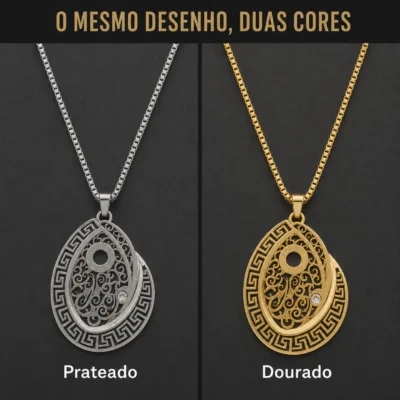 colar gota padrão geométrico, variante dourada, pedra clara, referência 84759