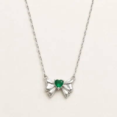 colar laço coração verde, variante dourada, pedra clara, referência 84791-01