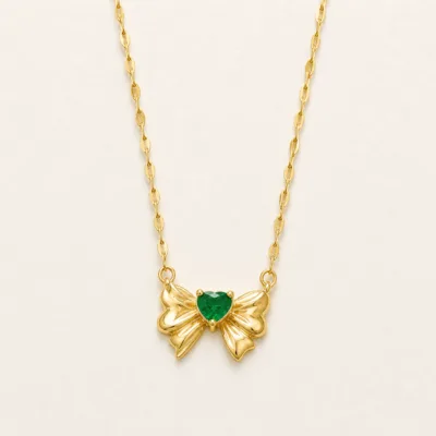 colar laço coração verde, variante dourada, pedra clara, referência 84791-01