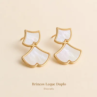 Brincos Leque Duplo com Efeito Nacarado dourado, referência 84856