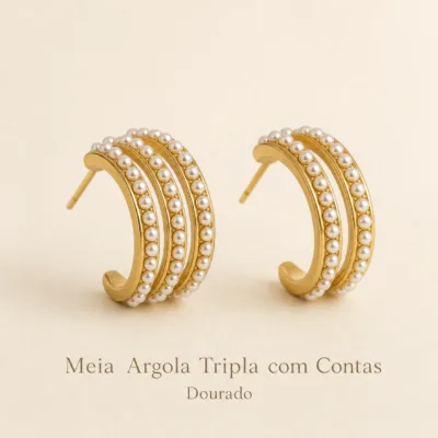 Meia argola tripla com contas dourada
