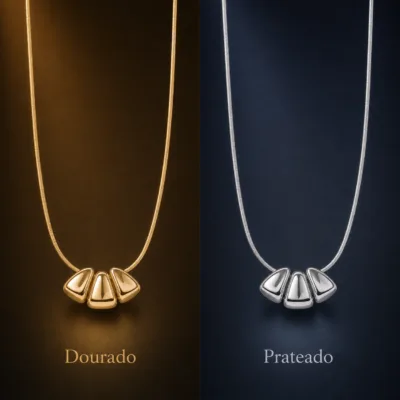 colar com pendente triplo, variante dourada, pedra clara, referência 85062-01