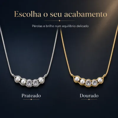 colar com pérolas e cristais, variante dourada, pedra clara, referência 85078