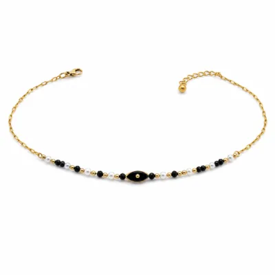 colar dourado pérolas pedras amuletos modelo E Olho Preto Central em fundo branco