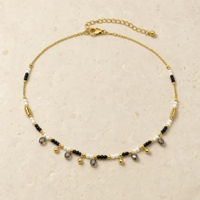 colar dourado pérolas pedras amuletos modelo G Cilindros Dourados e Gotas Fumadas em pedra clara