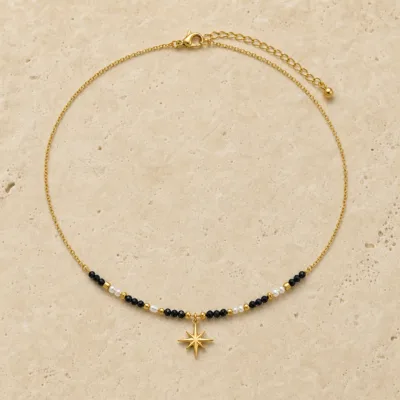 colar dourado pérolas pedras amuletos modelo J Estrela de Oito Pontas em pedra clara