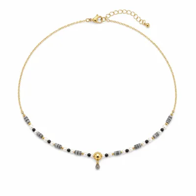 colar dourado preto com pérolas e amuletos, B — Cilindros Cinza e Gota Fumada, em fundo branco, referencia 85182-02