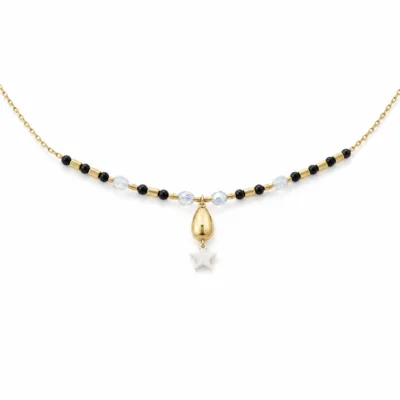colar dourado preto com pérolas e amuletos, D — Estrela Branca e Gota Dourada, em fundo branco, referencia 85182-02