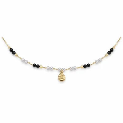 colar dourado preto com pérolas e amuletos, E — Medalha Espiral Dourada, em fundo branco, referencia 85182-02