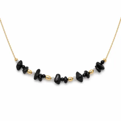 colar dourado preto com pérolas e amuletos, F — Pedra Negra e Barris Dourados, em fundo branco, referencia 85182-02