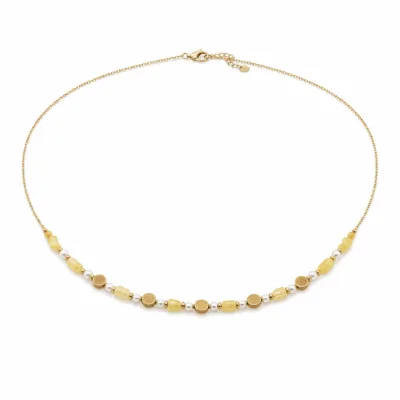 colar dourado com pérolas e contas amarelas, B — Contas Mel, Marfim e Dourado, em fundo branco, referencia 85182-03