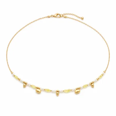 colar dourado com pérolas e contas amarelas, D — Cinco Pingentes Dourados, em fundo branco, referencia 85182-03