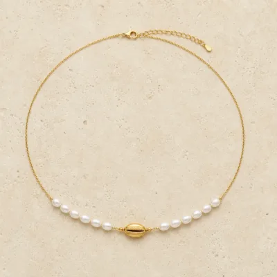 colar dourado com pérolas e contas amarelas, H — Pérolas Arroz e Oval Dourado, em pedra clara de tom quente, referencia 85182-03