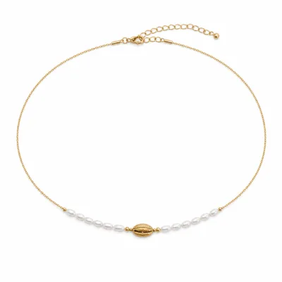 colar dourado com pérolas e contas amarelas, H — Pérolas Arroz e Oval Dourado, em fundo branco, referencia 85182-03