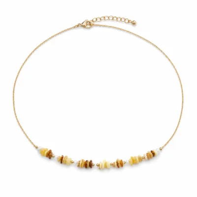colar dourado com pérolas e contas amarelas, I — Fragmentos Mel e Caramelo, em fundo branco, referencia 85182-03