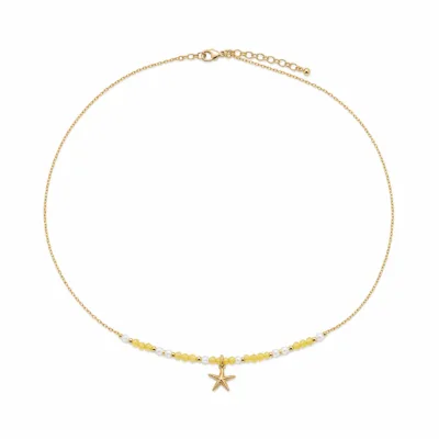 colar dourado com pérolas e contas amarelas, J — Estrela-do-Mar Dourada, em fundo branco, referencia 85182-03