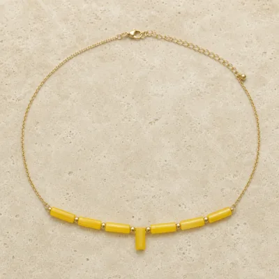 colar dourado com pérolas e contas amarelas, K — Sete Barras Limão, em pedra clara de tom quente, referencia 85182-03