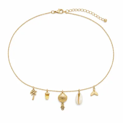 colar dourado com pérolas e contas amarelas, L — Cinco Amuletos Tropicais, em fundo branco, referencia 85182-03