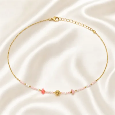 colar dourado rosa 12 modelos opção A Coral Rosa, Esfera e Lua em cetim marfim