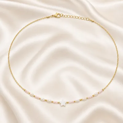 colar dourado rosa 12 modelos opção C Estrela Marfim Central em cetim marfim