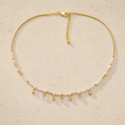 colar dourado rosa 12 modelos opção D Sete Gotas Rosa e Douradas em pedra clara