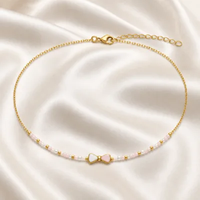 colar dourado rosa 12 modelos opção E Laço Rosa e Marfim em cetim marfim