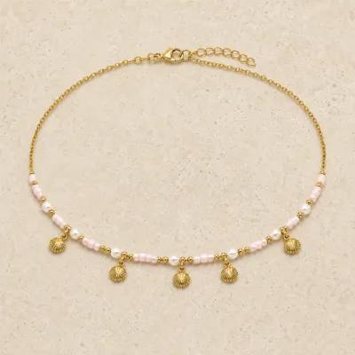 colar dourado rosa 12 modelos opção F Cinco Conchas Douradas em pedra clara