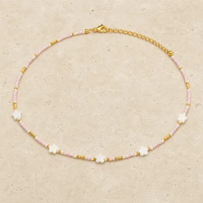 colar dourado rosa 12 modelos opção G Flores Brancas e Tubos Dourados em pedra clara