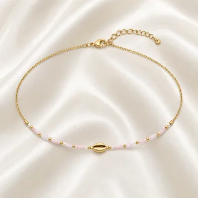 colar dourado rosa 12 modelos opção H Búzio Dourado Central em cetim marfim