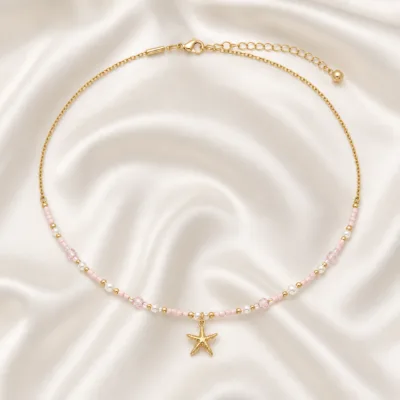 colar dourado rosa 12 modelos opção J Estrela-do-Mar Dourada em cetim marfim