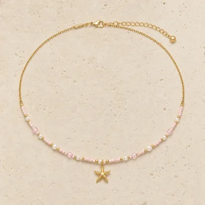 colar dourado rosa 12 modelos opção J Estrela-do-Mar Dourada em pedra clara