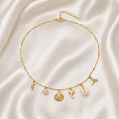 colar dourado rosa 12 modelos opção L Seis Amuletos Costeiros em cetim marfim