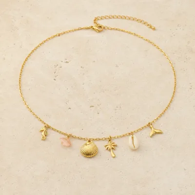 colar dourado rosa 12 modelos opção L Seis Amuletos Costeiros em pedra clara