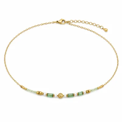 colar dourado verde com pérolas e amuletos, B — Tubos Verdes e Esfera Dourada, em fundo branco, referencia 85182-05