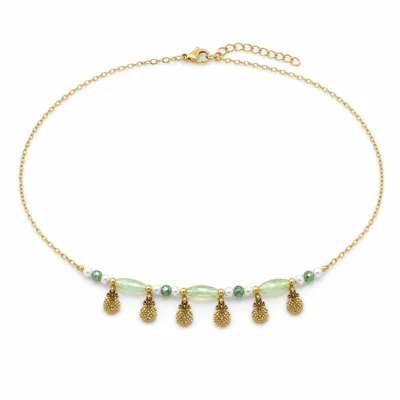 colar dourado verde com pérolas e amuletos, F — Seis Pinhas Douradas, em fundo branco, referencia 85182-05