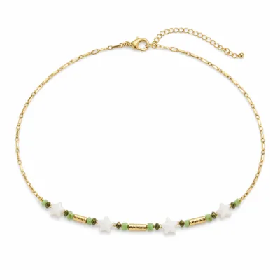 colar dourado verde com pérolas e amuletos, G — Estrelas Marfim e Tubos Dourados, em fundo branco, referencia 85182-05