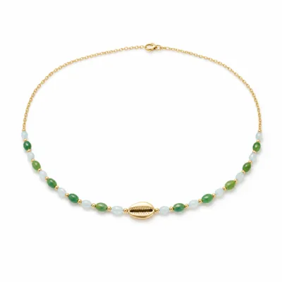 colar dourado verde com pérolas e amuletos, H — Búzio Dourado com Contas Verdes, em fundo branco, referencia 85182-05