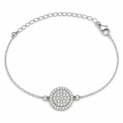 pulseira com medalhão circular prateado em fundo branco, referência 85203-05