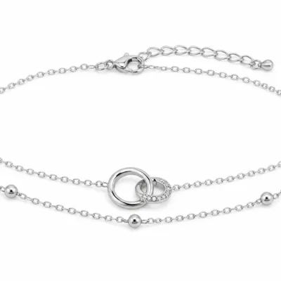 pulseira dupla com elos entrelaçados prateado em fundo branco, referência 85203-08