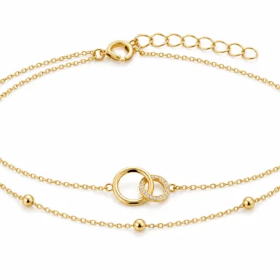 pulseira dupla com elos entrelaçados dourado em fundo branco, referência 85203-08