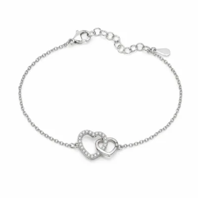 pulseira com corações entrelaçados prateada em fundo branco, referência 85203-09