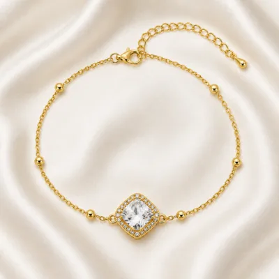 pulseira dupla com cristais dourado em cetim marfim, referência 85204-01