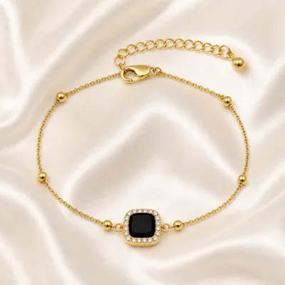 pulseira dupla com cristais dourado em cetim marfim, referência 85204-02
