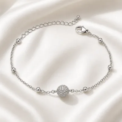 pulseira esfera pavé prateada em cetim marfim, referência 85204-07